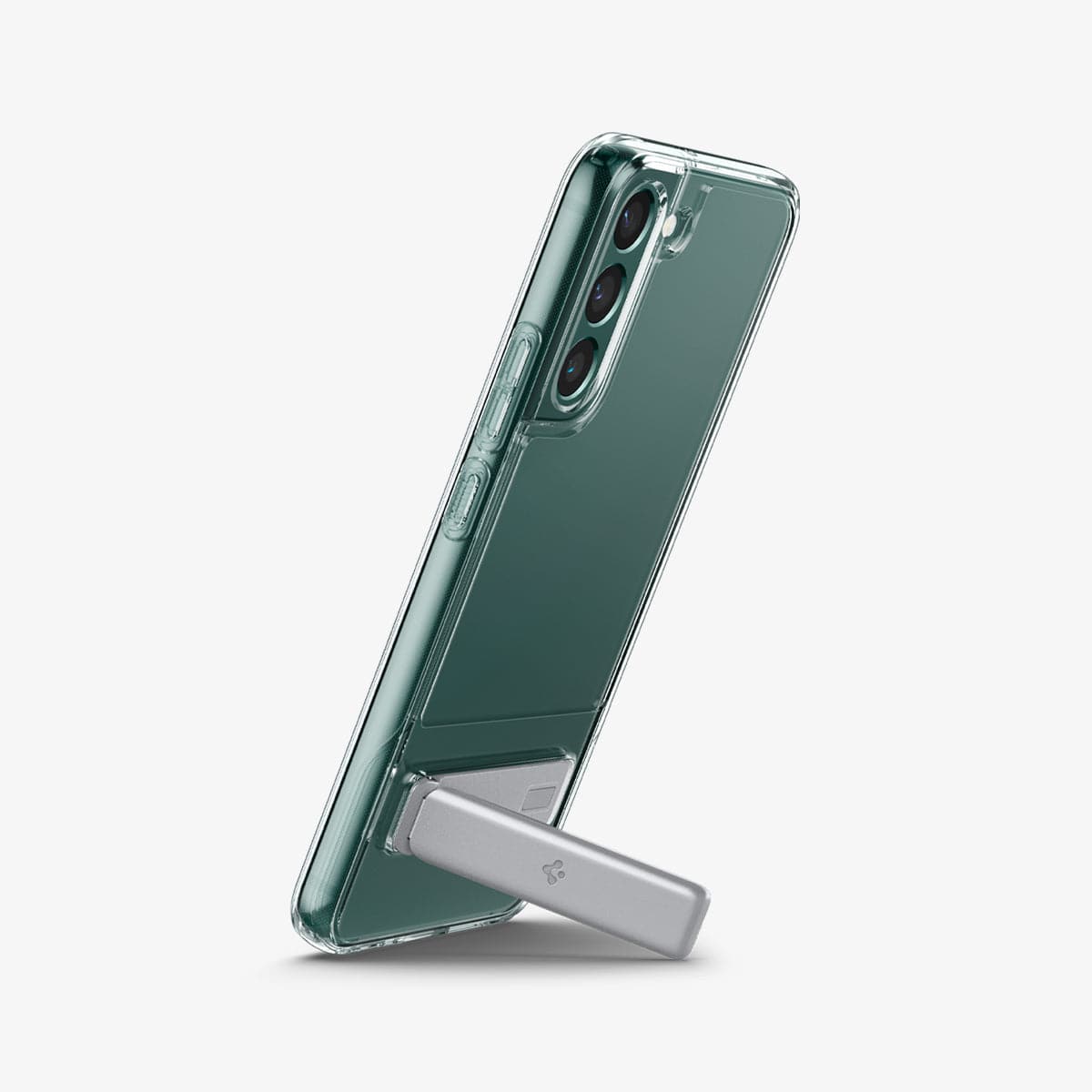ACS03979 - Galaxy S22 Plus 5G Case Slim Armor Essential S in crystal clear showing the device propped up by built in kickstand