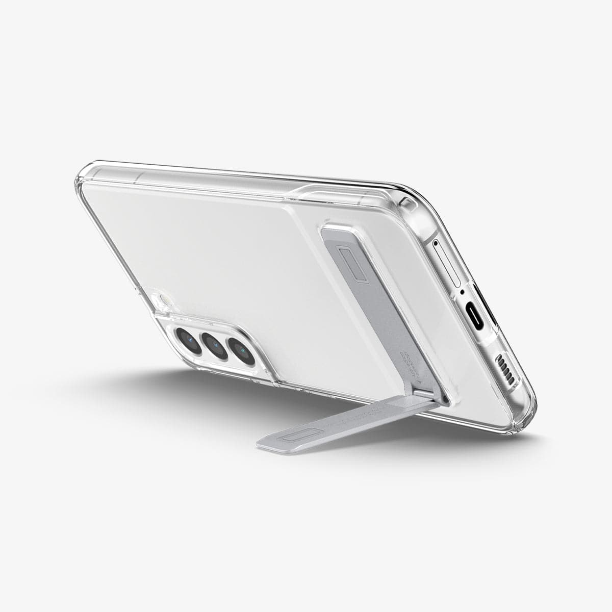 ACS04015 - Galaxy S22 5G Case Slim Armor Essential S in crystal clear showing the back and bottom with device propped up horizontally by built in kickstand