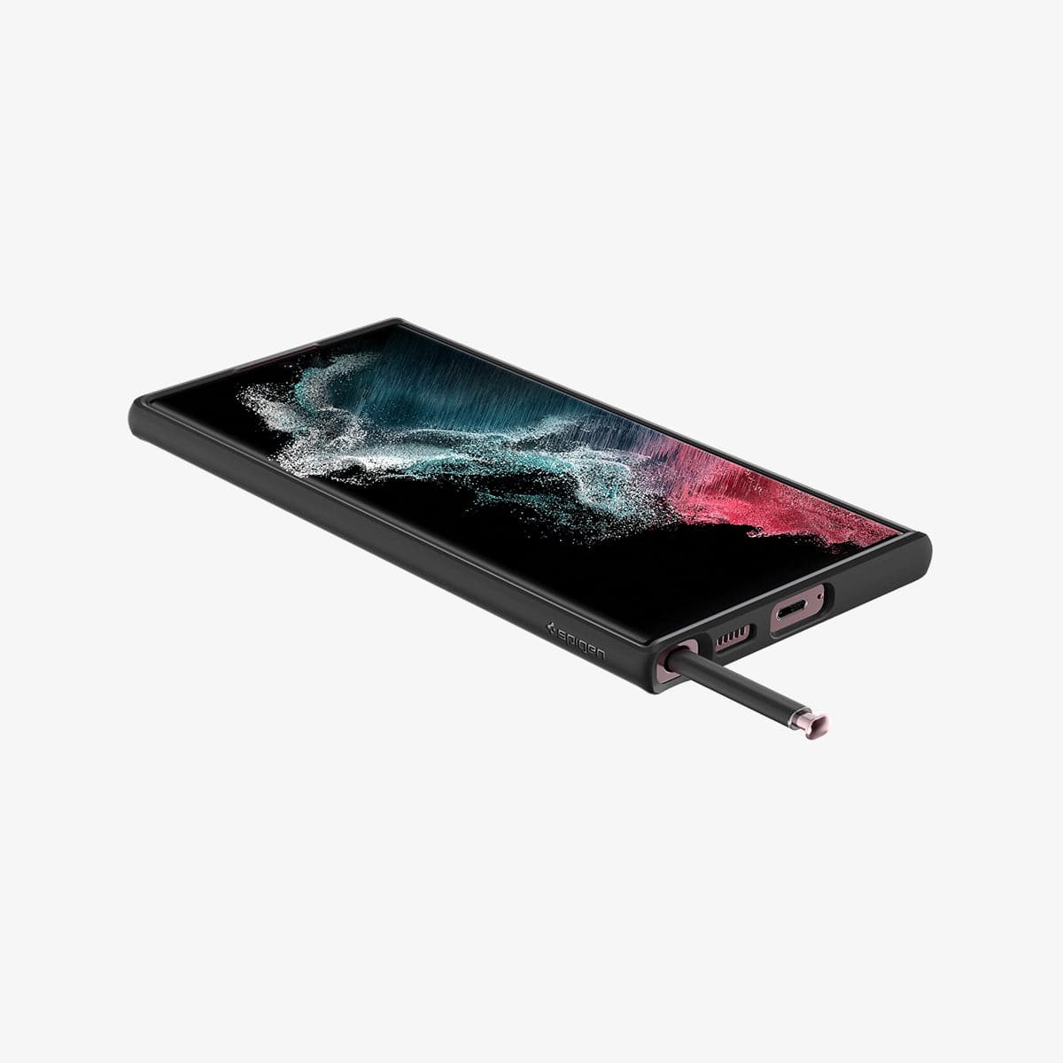 ACS03919 - Galaxy S22 Ultra 5G Case Ultra Hybrid in matte black showing the front, side and bottom with s pen sticking out of slot