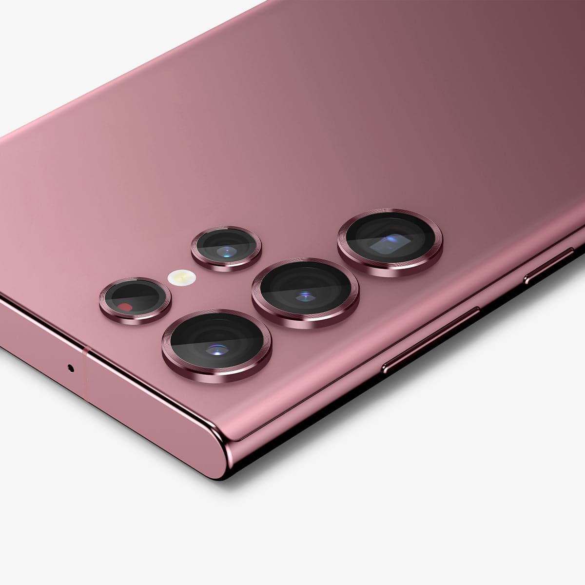 AGL04752 - Galaxy S22 Ultra EZ Fit Optik Pro Lens Protector Glass.tR in burgundy showing lens protector installed onto device zoomed in
