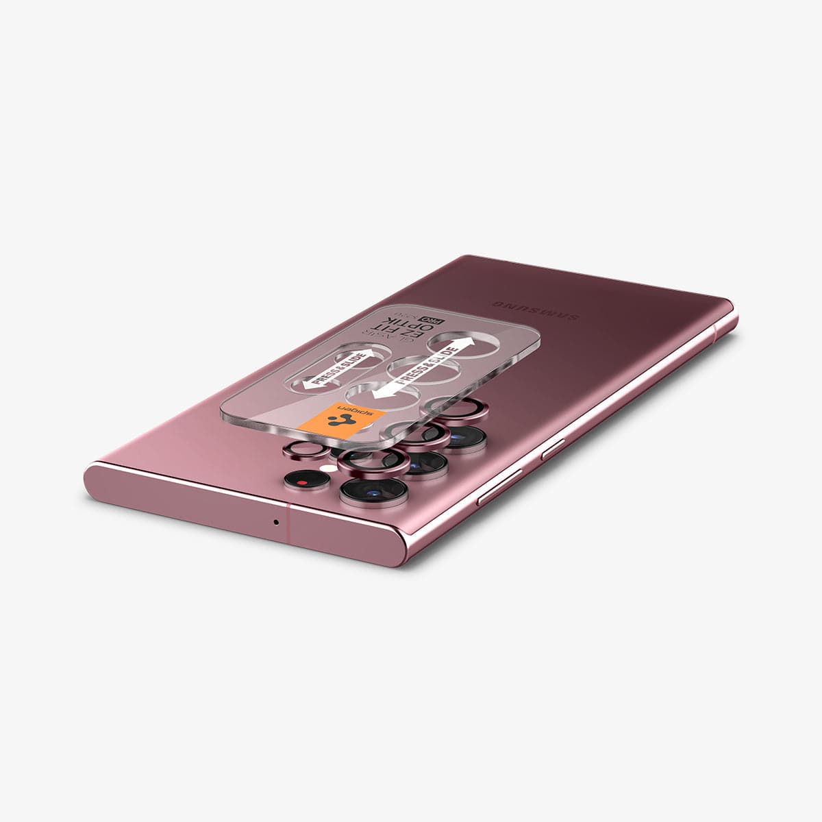 AGL04752 - Galaxy S22 Ultra EZ Fit Optik Pro Lens Protector Glass.tR in burgundy showing the ez fit lens protector slightly hovering above camera lens