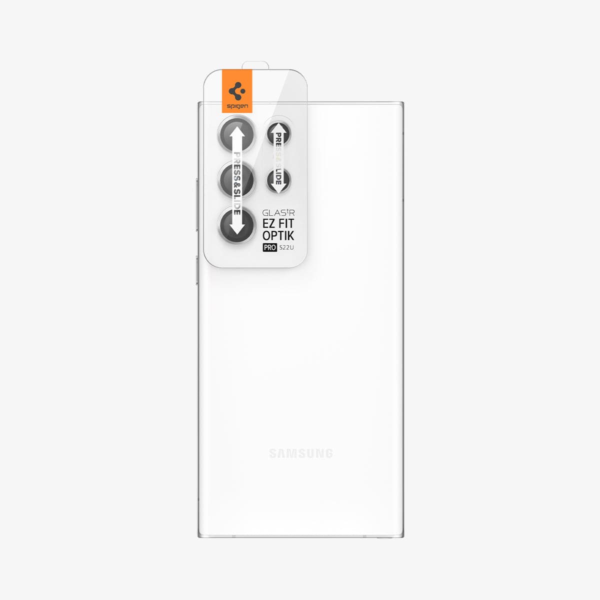 AGL04753 - Galaxy S22 Ultra EZ Fit Optik Pro Lens Protector Glass.tR in phantom white showing the back with ez fit tray installed onto camera lens