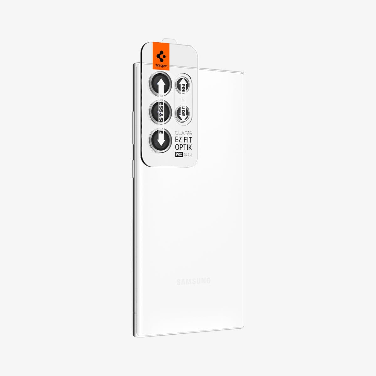 AGL04753 - Galaxy S22 Ultra EZ Fit Optik Pro Lens Protector Glass.tR in phantom white showing the ez fit lens protector being installed onto camera lens