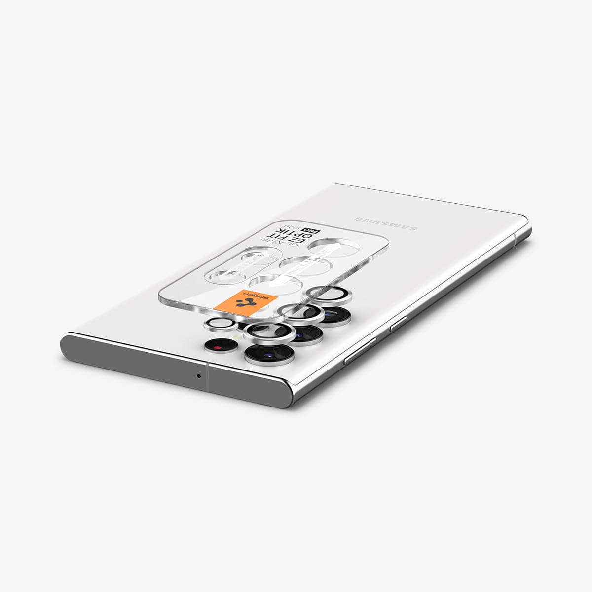 AGL04753 - Galaxy S22 Ultra EZ Fit Optik Pro Lens Protector Glass.tR in phantom white showing the ez fit lens protector slightly hovering above camera lens