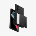 ACS03927 - Galaxy S22 Ultra 5G Case Slim Armor CS in black showing the front, side, bottom and back with card slot open and card inside