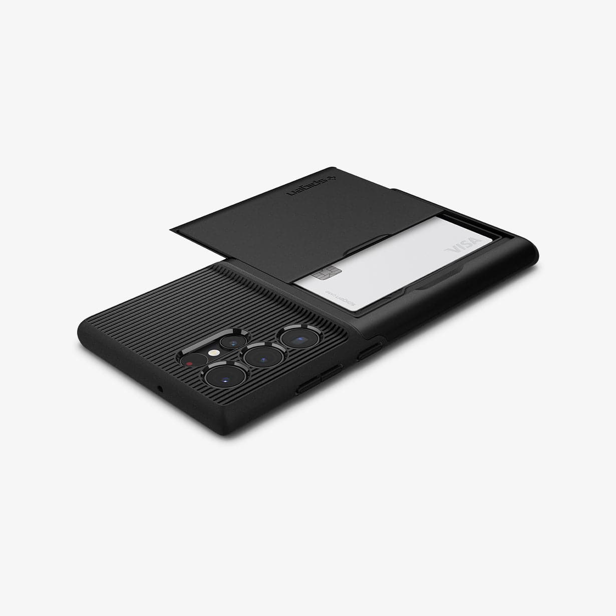 ACS03927 - Galaxy S22 Ultra 5G Case Slim Armor CS in black showing the top, side and back with card slot open and card inside