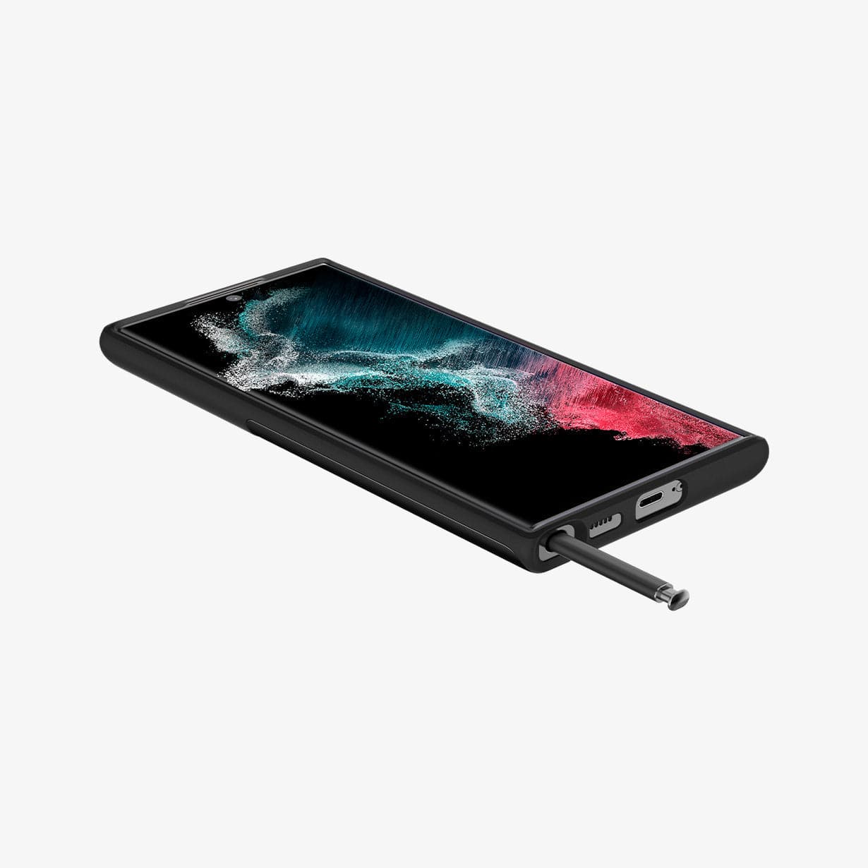 ACS03927 - Galaxy S22 Ultra 5G Case Slim Armor CS in black showing the front, side and bottom with s pen partially out of slot