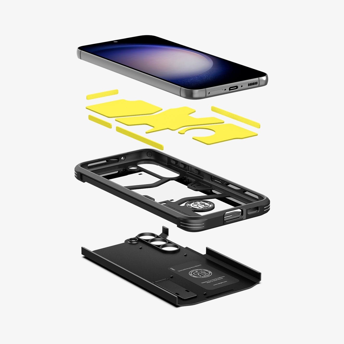 ACS05672 - Galaxy S23 Plus Case Tough Armor in black showing the hard pc, flexible tpu, impact foam and device