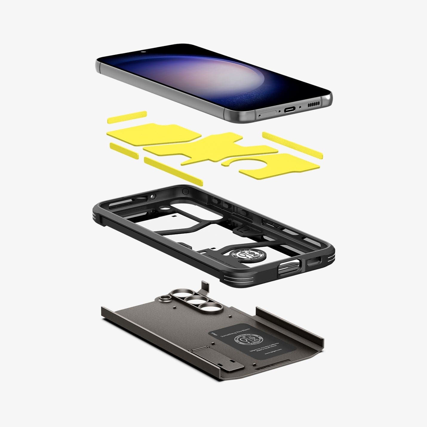 ACS05719 - Galaxy S23 Case Tough Armor in gunmetal showing the hard pc, flexible tpu, impact foam and device