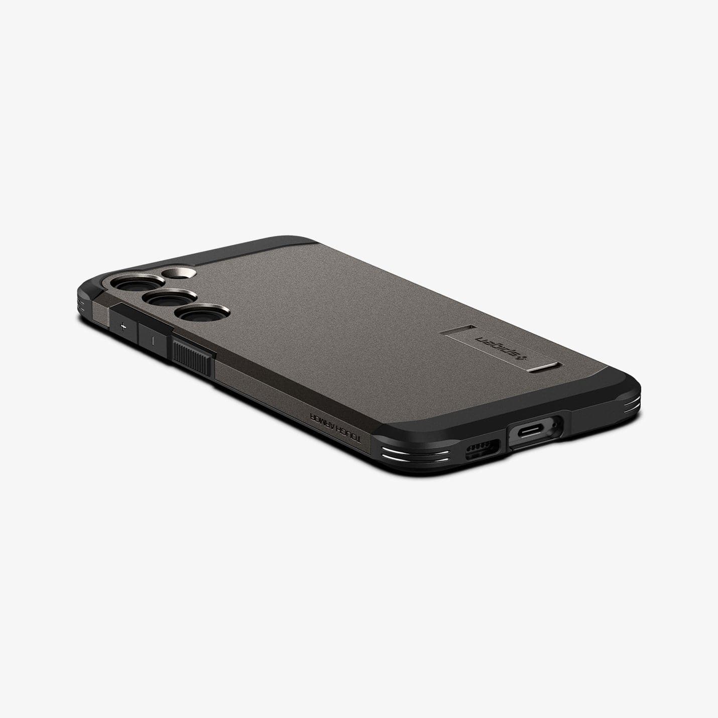 ACS05719 - Galaxy S23 Case Tough Armor in gunmetal showing the back, side and bottom with device laying flat