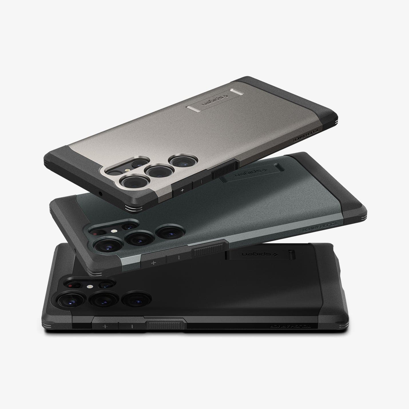 ACS05623 - Galaxy S23 Ultra Case Tough Armor in black showing the back and side of multiple devices in different color variations