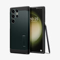 ACS05625 - Galaxy S23 Ultra Case Tough Armor in abyss green showing the back and front with s pen leaning against device