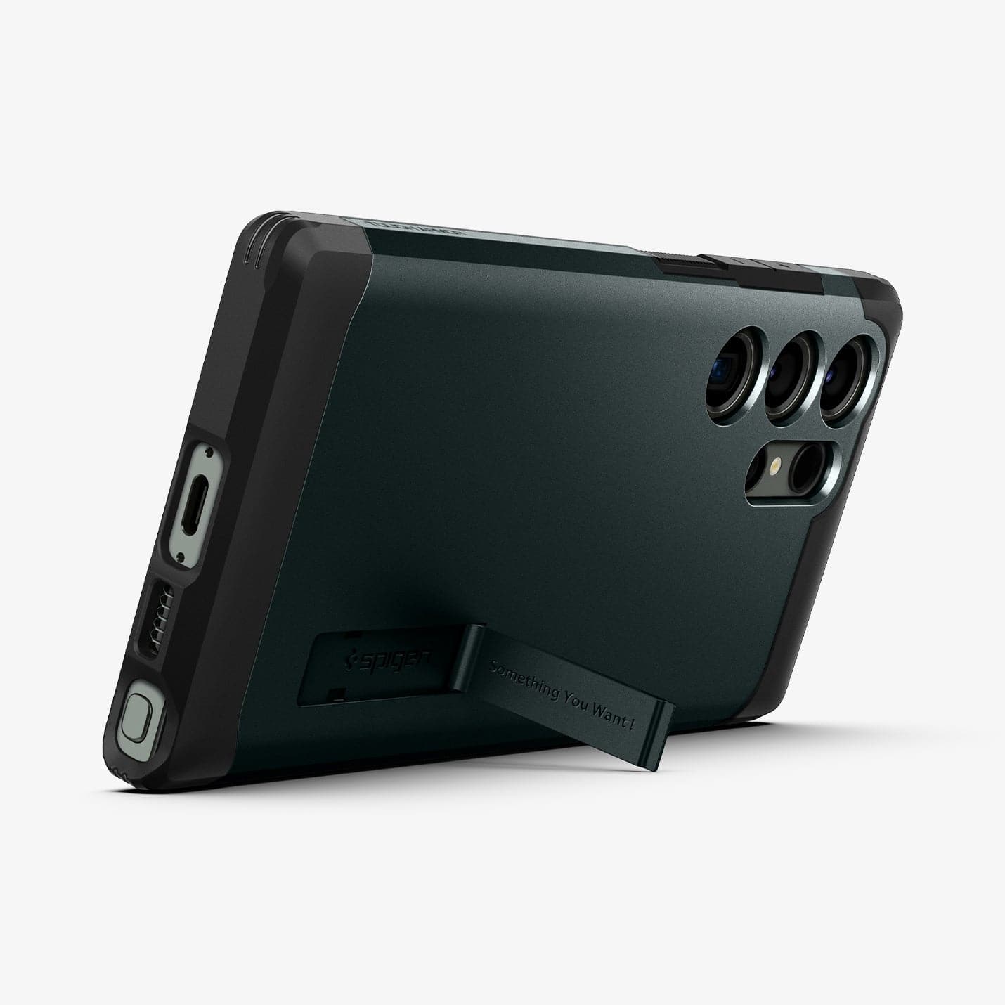 ACS05625 - Galaxy S23 Ultra Case Tough Armor in abyss green showing the back and bottom with device propped up by built in kickstand