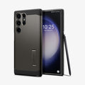 ACS05624 - Galaxy S23 Ultra Case Tough Armor in gunmetal showing the back and front with s pen leaning against device
