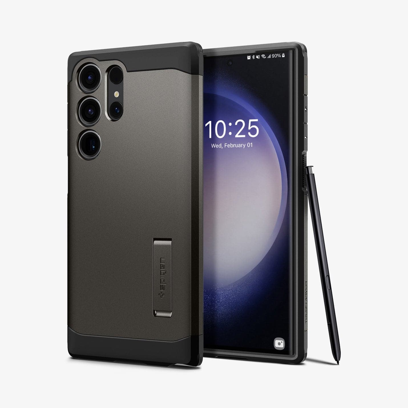 ACS05624 - Galaxy S23 Ultra Case Tough Armor in gunmetal showing the back and front with s pen leaning against device