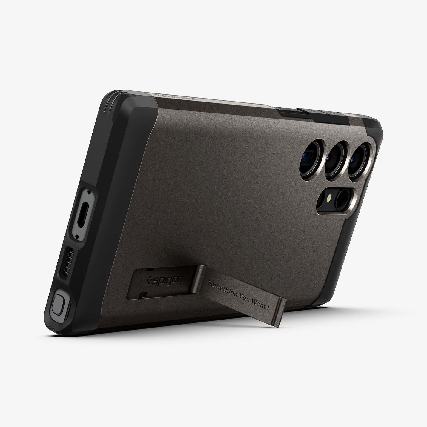 ACS05624 - Galaxy S23 Ultra Case Tough Armor in gunmetal showing the back and bottom with device propped up by built in kickstand