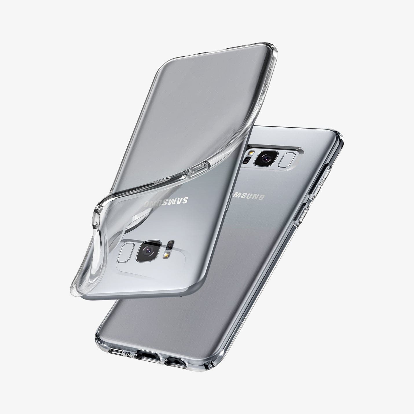 565CS21612 - Galaxy S8 Series Liquid Crystal Case in crystal clear showing the back with case slightly bending away from the device