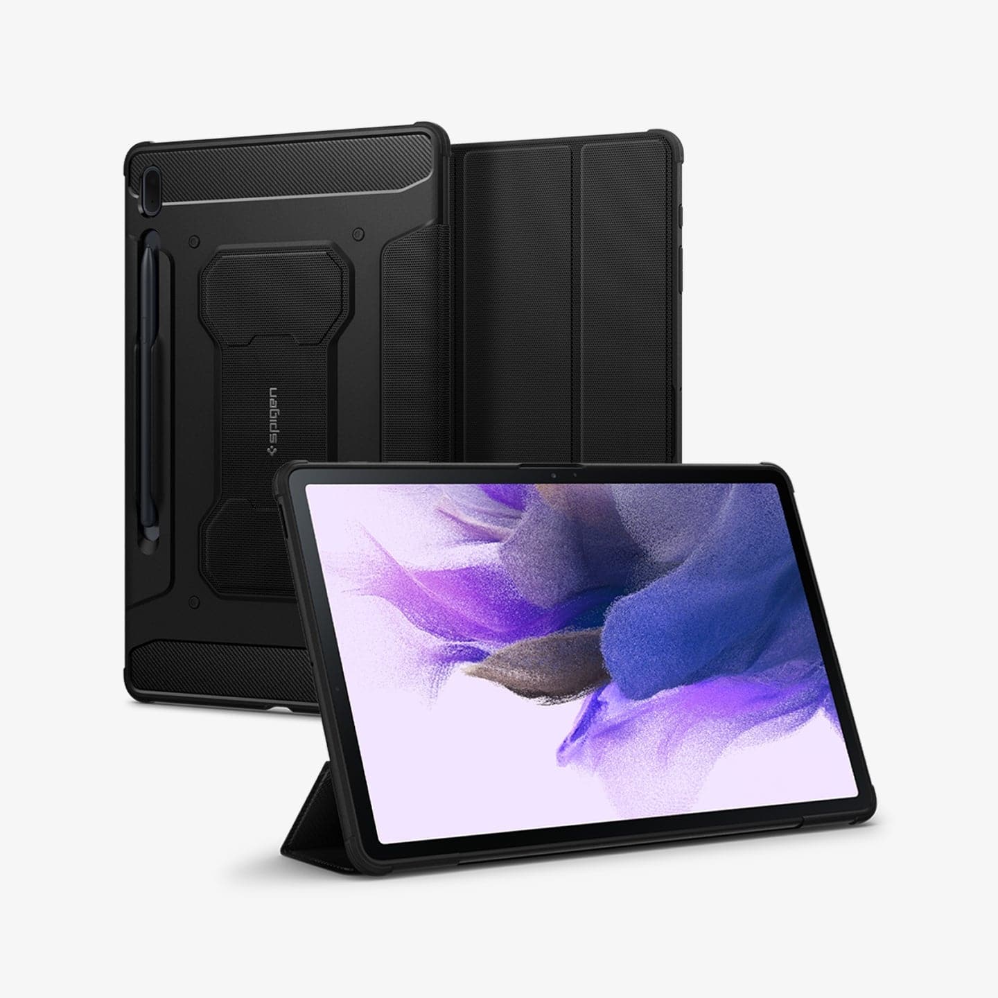 ACS03007 - Galaxy Tab S7 FE Case Rugged Armor Pro in black showing the back, front and device propped up by built in kickstand