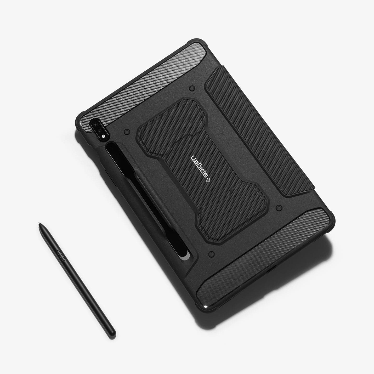 ACS01604 - Galaxy Tab S8 Case Rugged Armor Pro in black showing the back with pen next to device