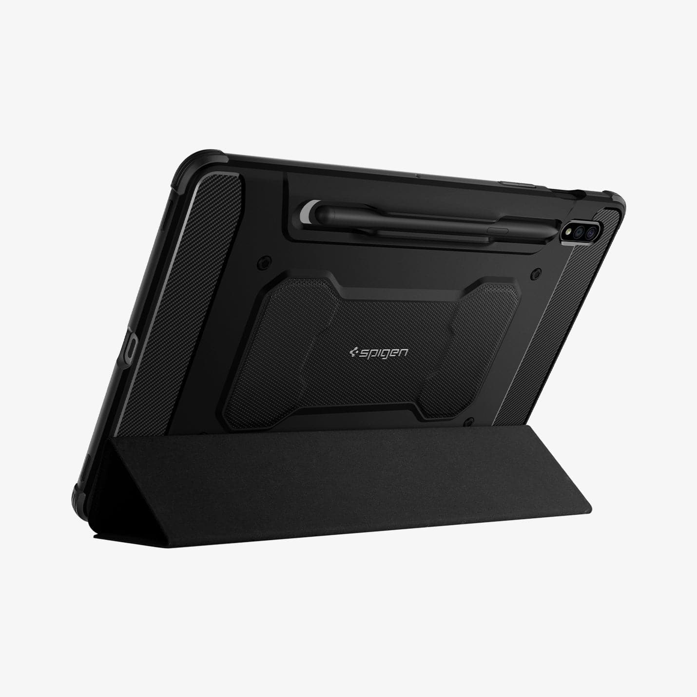 ACS01604 - Galaxy Tab S8 Case Rugged Armor Pro in black showing the back with device propped up by built in kickstand