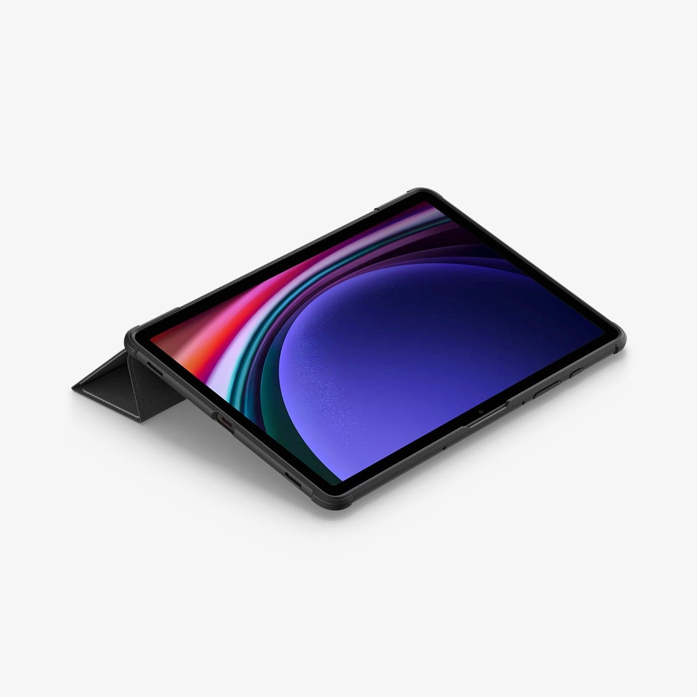 ACS06540 - Galaxy Tab S9 Case Rugged Armor Pro in black showing the front and partial bottom with device propped up by built in kickstand