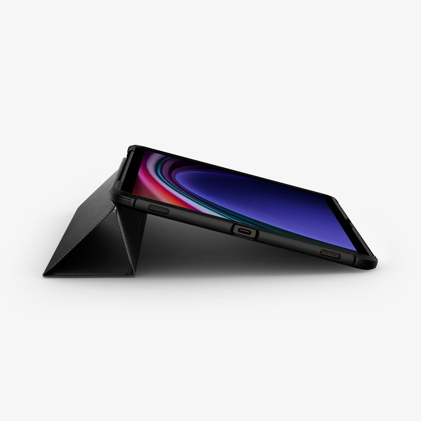 ACS06540 - Galaxy Tab S9 Case Rugged Armor Pro in black showing the front and bottom with device propped up by built in kickstand