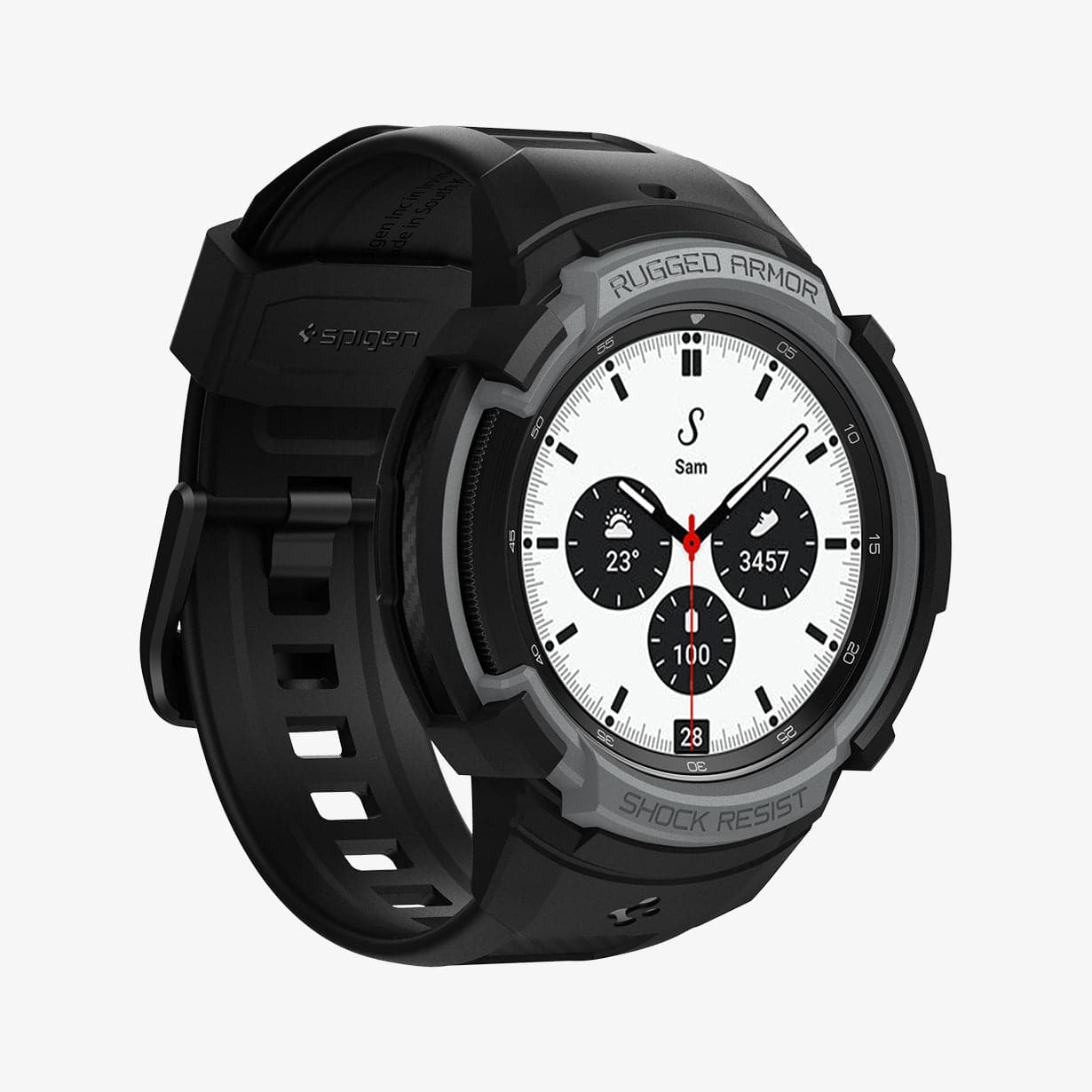 ACS03653 - Galaxy Watch 4 Classic (42mm) Case Rugged Armor Pro in charcoal gray showing the front and side