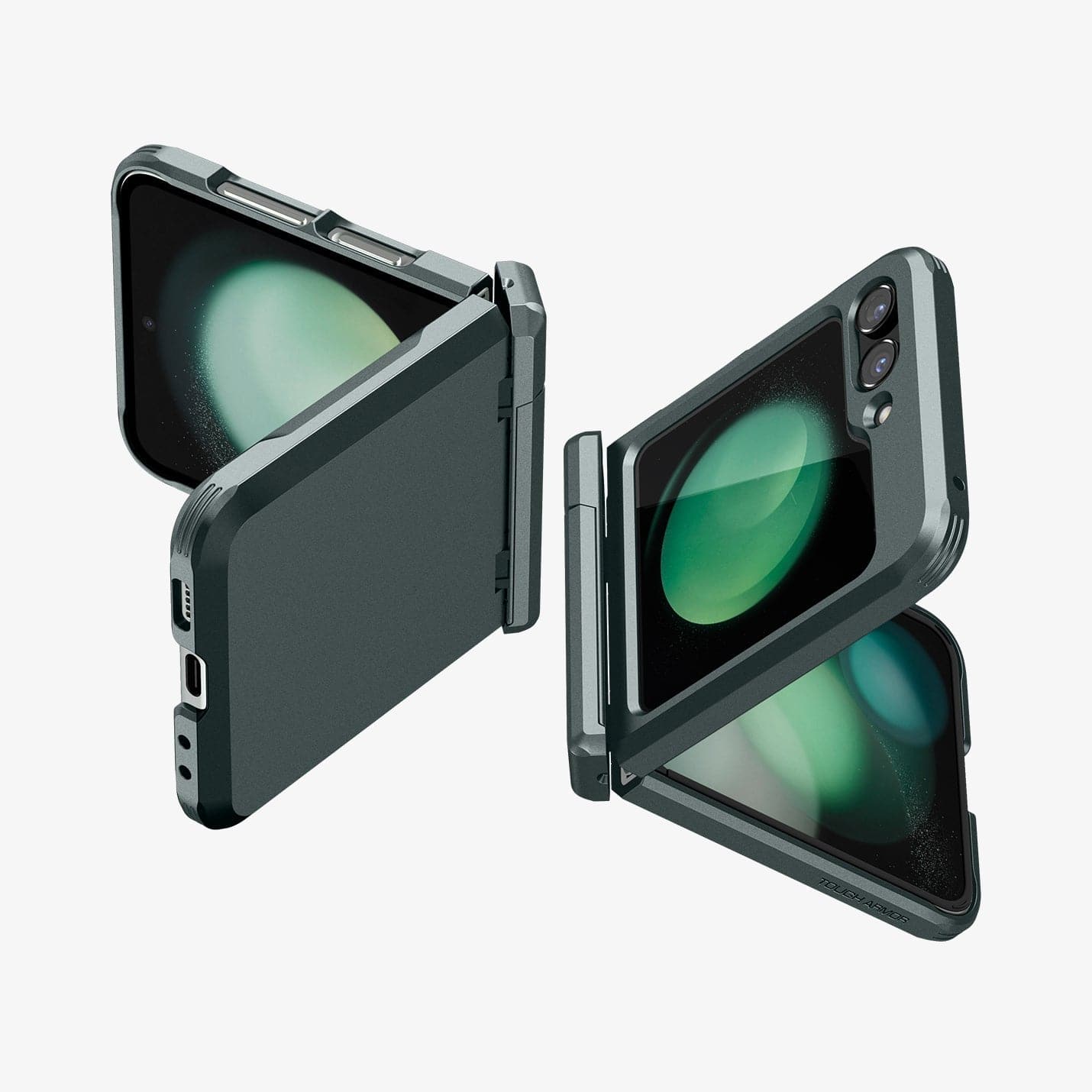 ACS06228 - Galaxy Z Flip 5 Case Tough Armor Pro in abyss green showing the back, front and sides of two devices