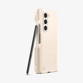 ACS06210 - Galaxy Z Fold 5 Case Thin Fit Pro in pearled ivory showing the back and sides folded with pen leaning against device