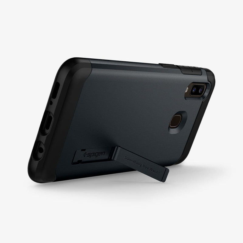 612CS26062 - Galaxy M10s Slim Armor Case in metal slate showing the back and bottom with device propped up by built in kickstand
