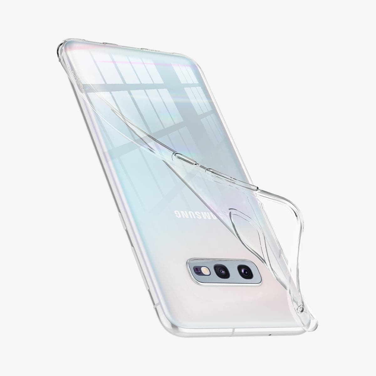 609CS25833 - Galaxy S10e Liquid Crystal Case in crystal clear showing the back and side with case bending away from the device