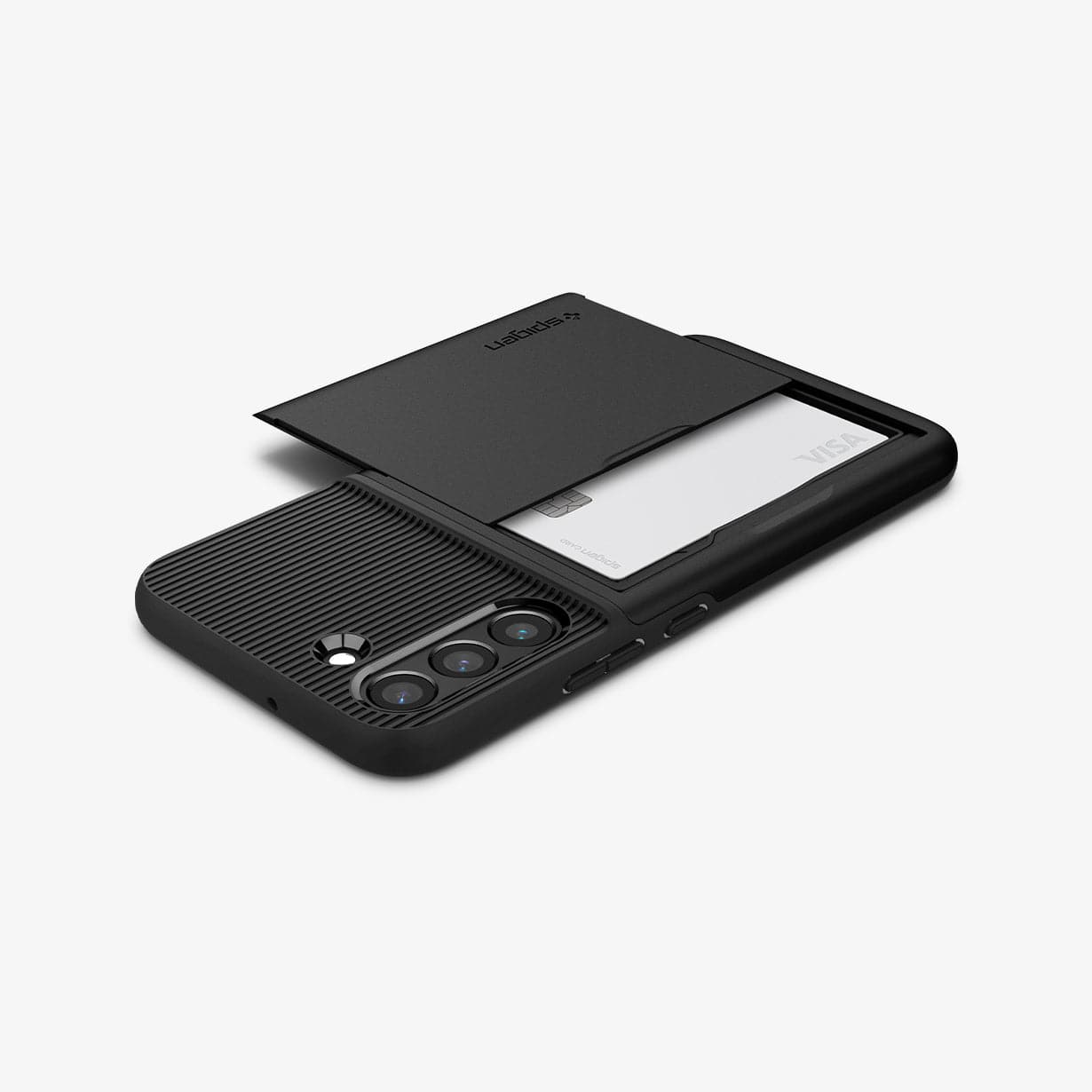 ACS03961 - Galaxy S22 Plus 5G Case Slim Armor CS in black showing the back, side and top with card slot open and card in slot