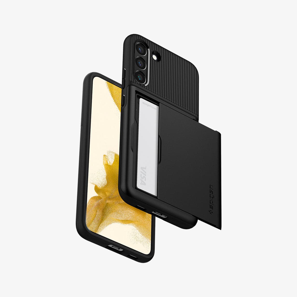 ACS03961 - Galaxy S22 Plus 5G Case Slim Armor CS in black showing the back, front and sides with card slot open and card in slot