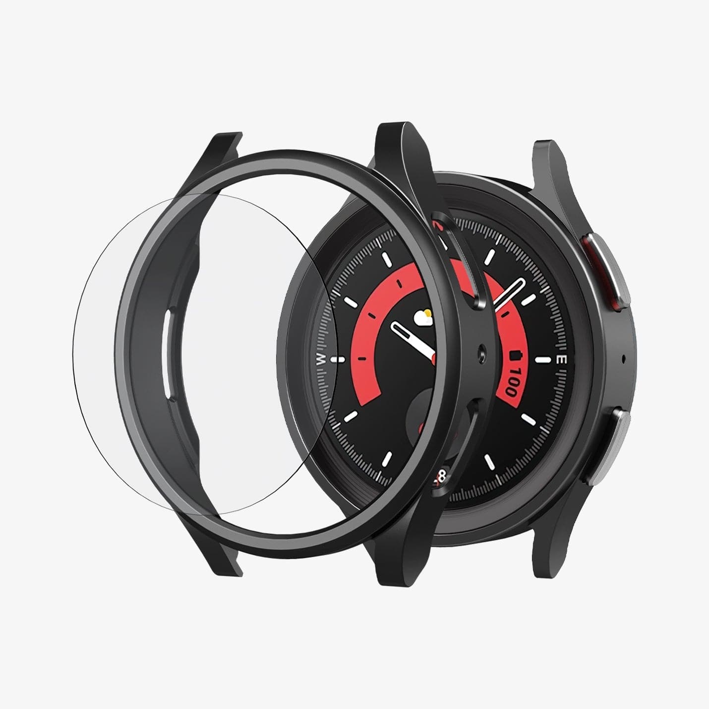 ACS05589 - Galaxy Watch 5 Pro (45mm) Case Thin Fit Glass in black showing the multiple layers of case hovering in front of watch face