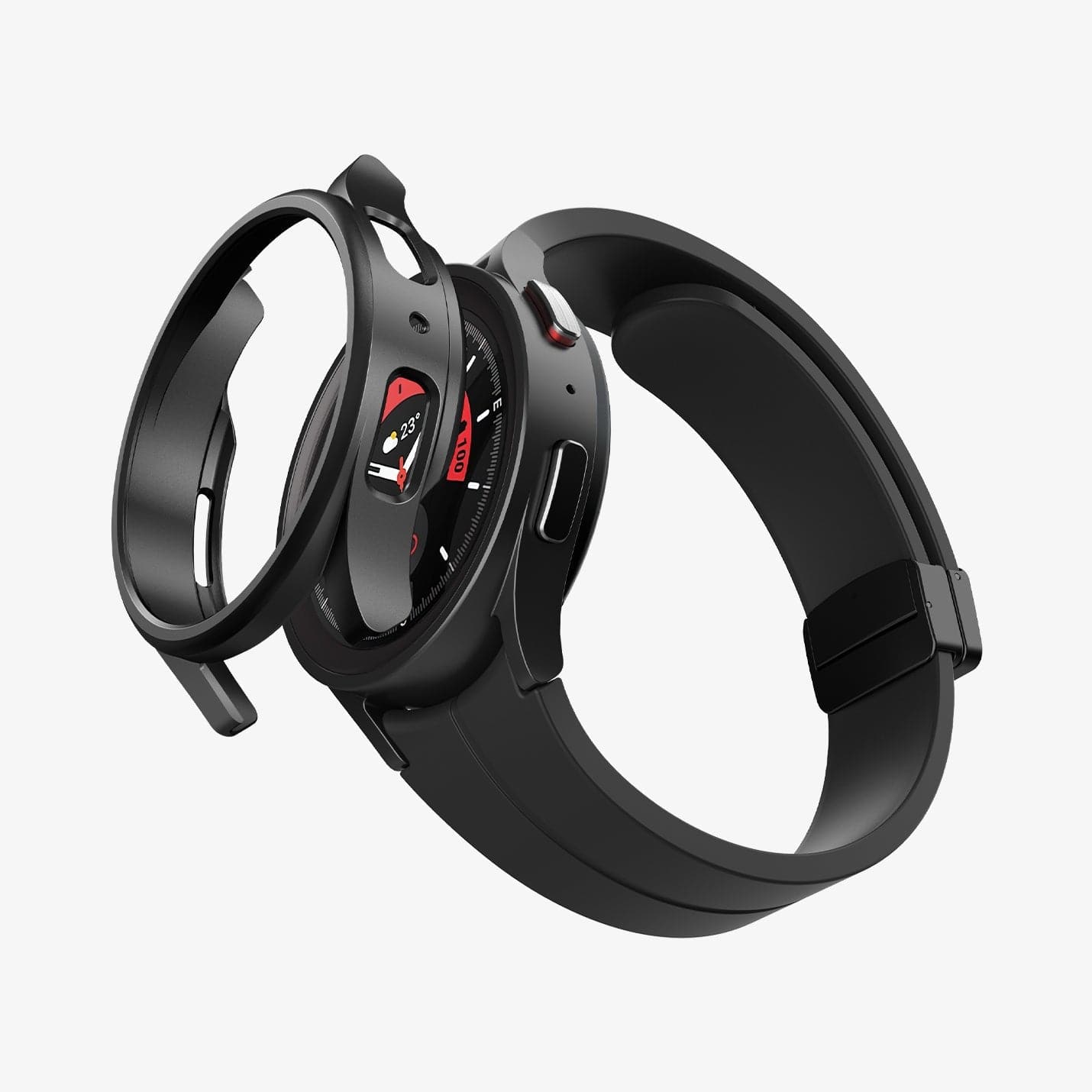 ACS05589 - Galaxy Watch 5 Pro (45mm) Case Thin Fit Glass in black showing the case hovering in front of watch