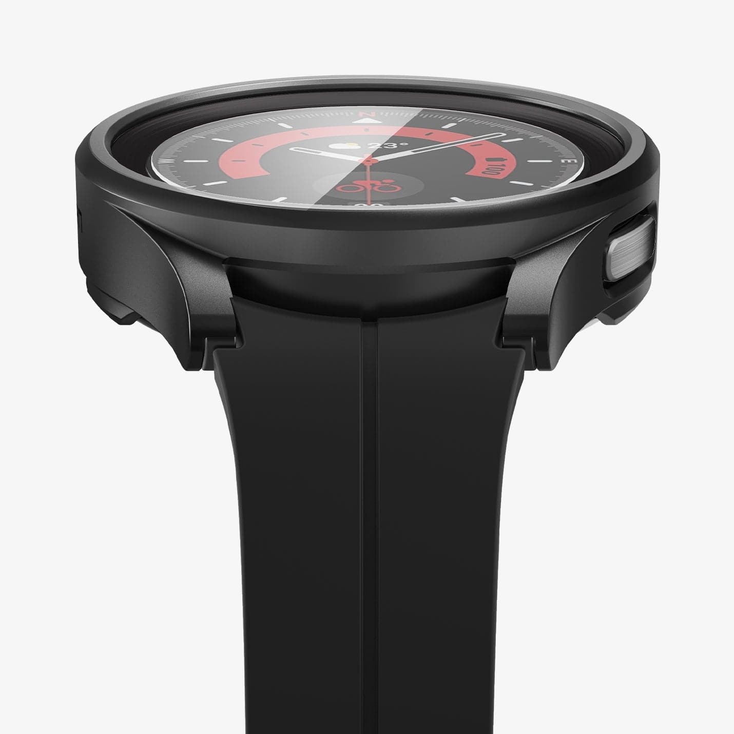 ACS05589 - Galaxy Watch 5 Pro (45mm) Case Thin Fit Glass in black showing the bottom and partial front- Galaxy Watch 5 Pro Black