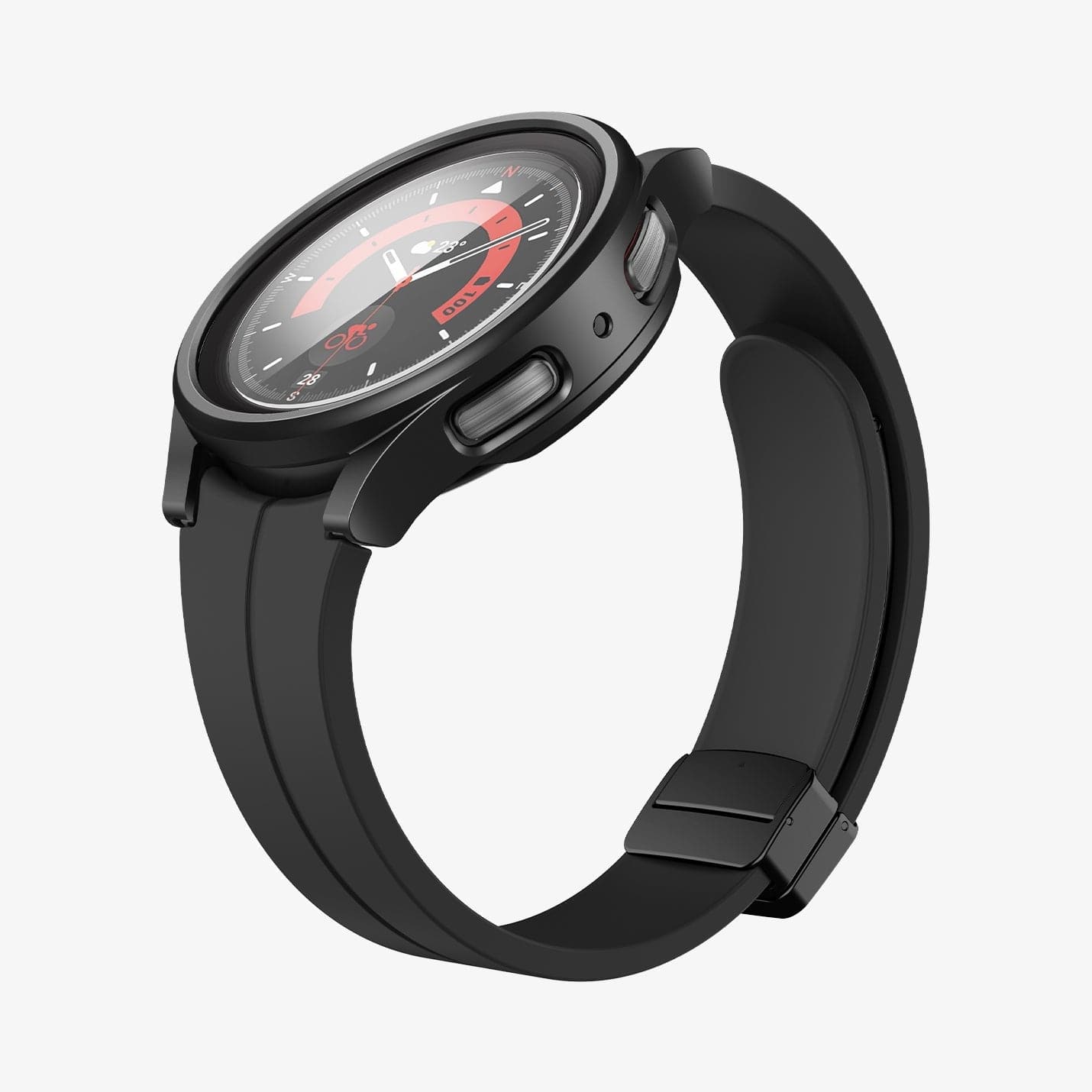 ACS05589 - Galaxy Watch 5 Pro (45mm) Case Thin Fit Glass in black showing the front, side and inside of band