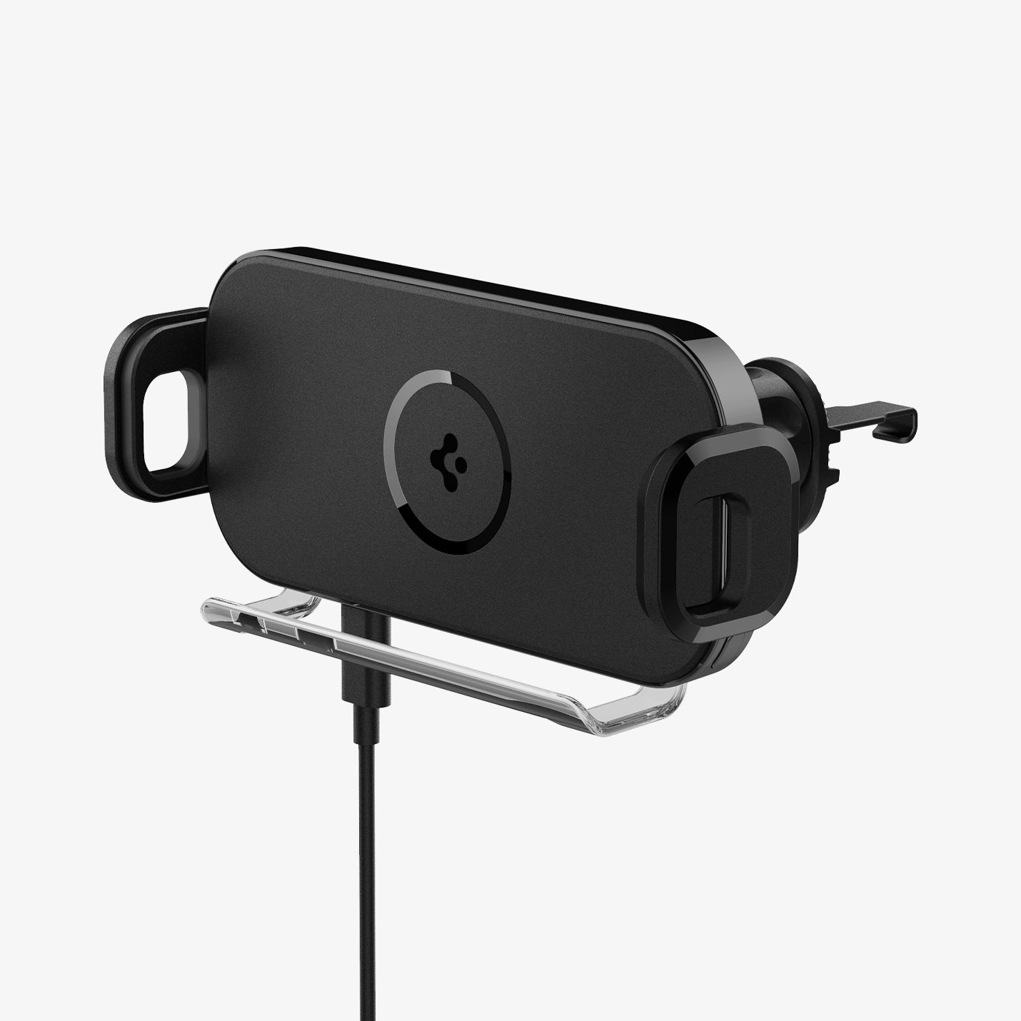 ACP04279 - GTS12W OneTap Wireless Galaxy Fold Car Mount Airvent in black showing the front and partial side with charging cable inserted