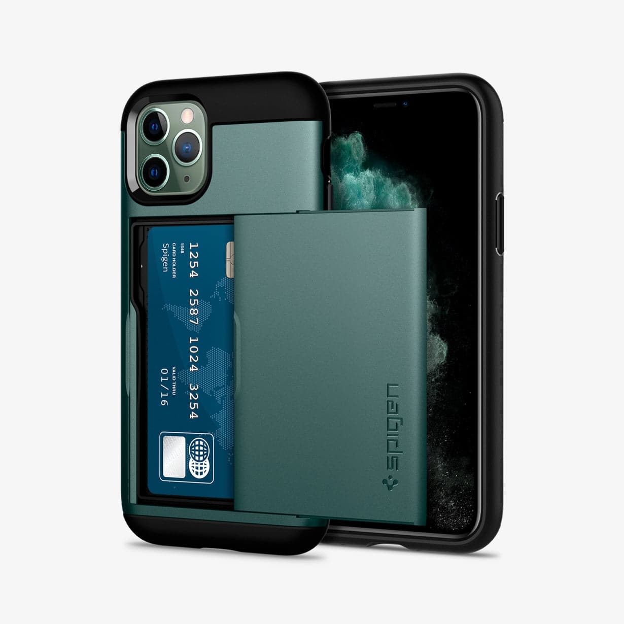 ACS00419 - iPhone 11 Pro Case Slim Armor CS in midnight green showing the back and front with card in slot