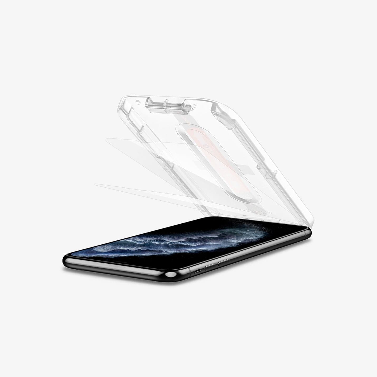 065GL25359 - iPhone XS Max Screen Protector GLAS.tR EZ Fit showing the ez fit tray and screen protector being installed on device