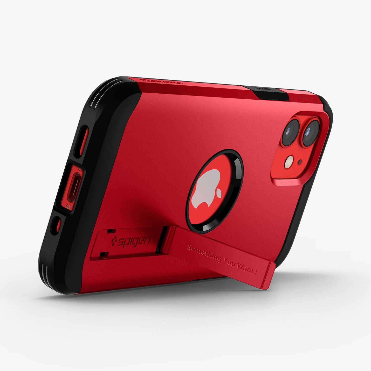 ACS02258 - iPhone 12 Mini Case Tough Armor in red showing the back and bottom with device propped up by built in kickstand