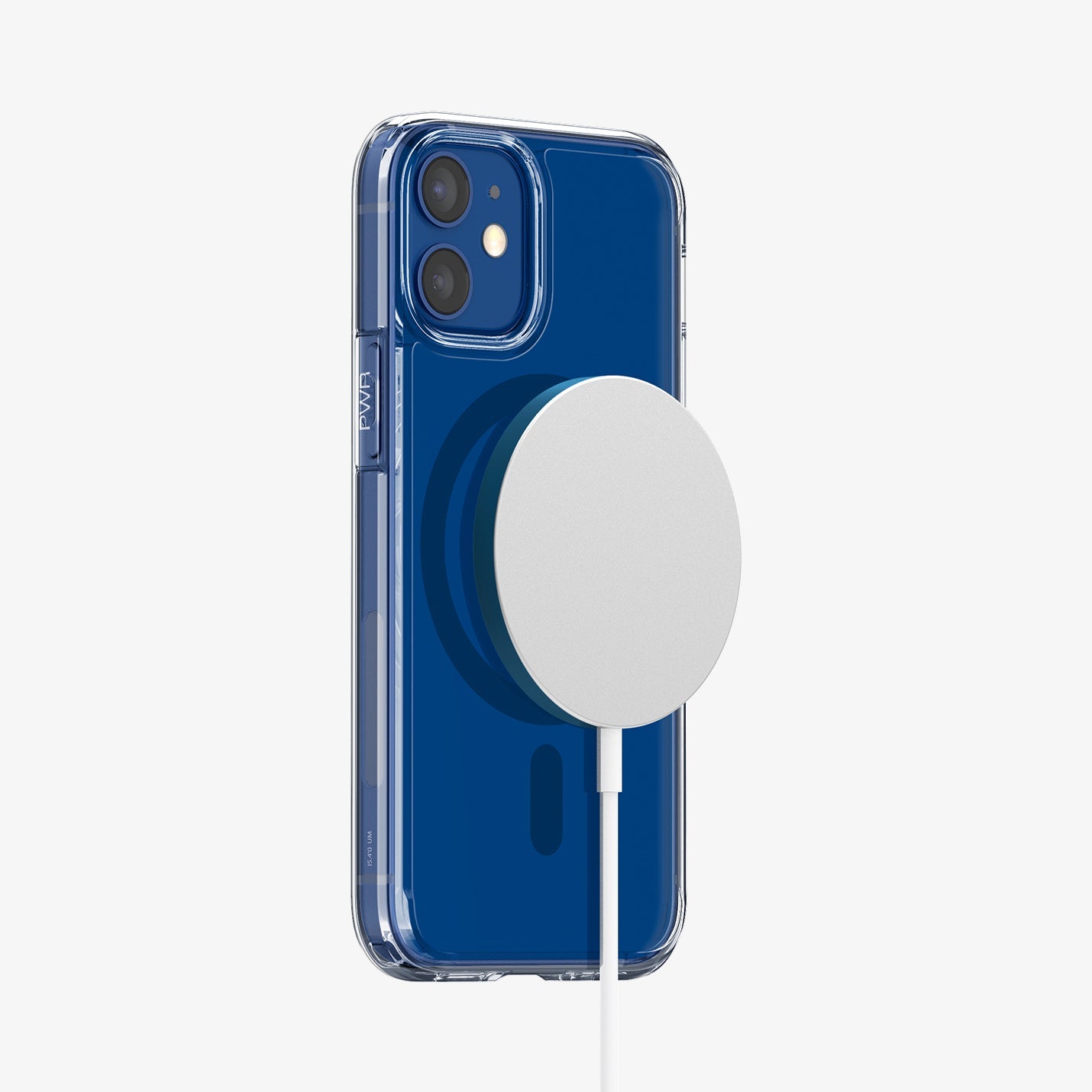 ACS02630 - iPhone 12 Mini Case Ultra Hybrid Mag Safe Compatible in blue showing the back with magsafe charger connected