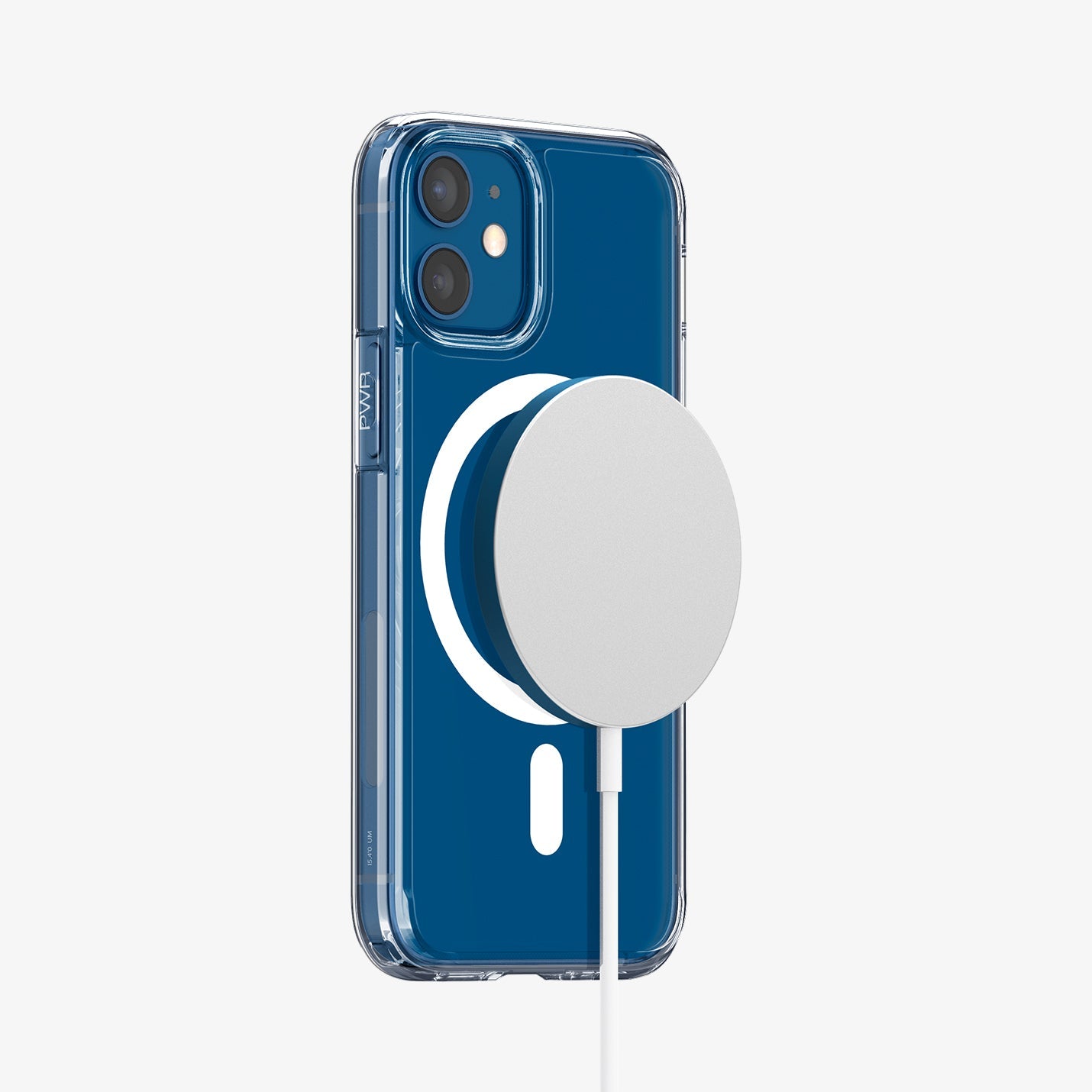 ACS02628 - iPhone 12 Mini Case Ultra Hybrid Mag Safe Compatible in white showing the back with magsafe charger