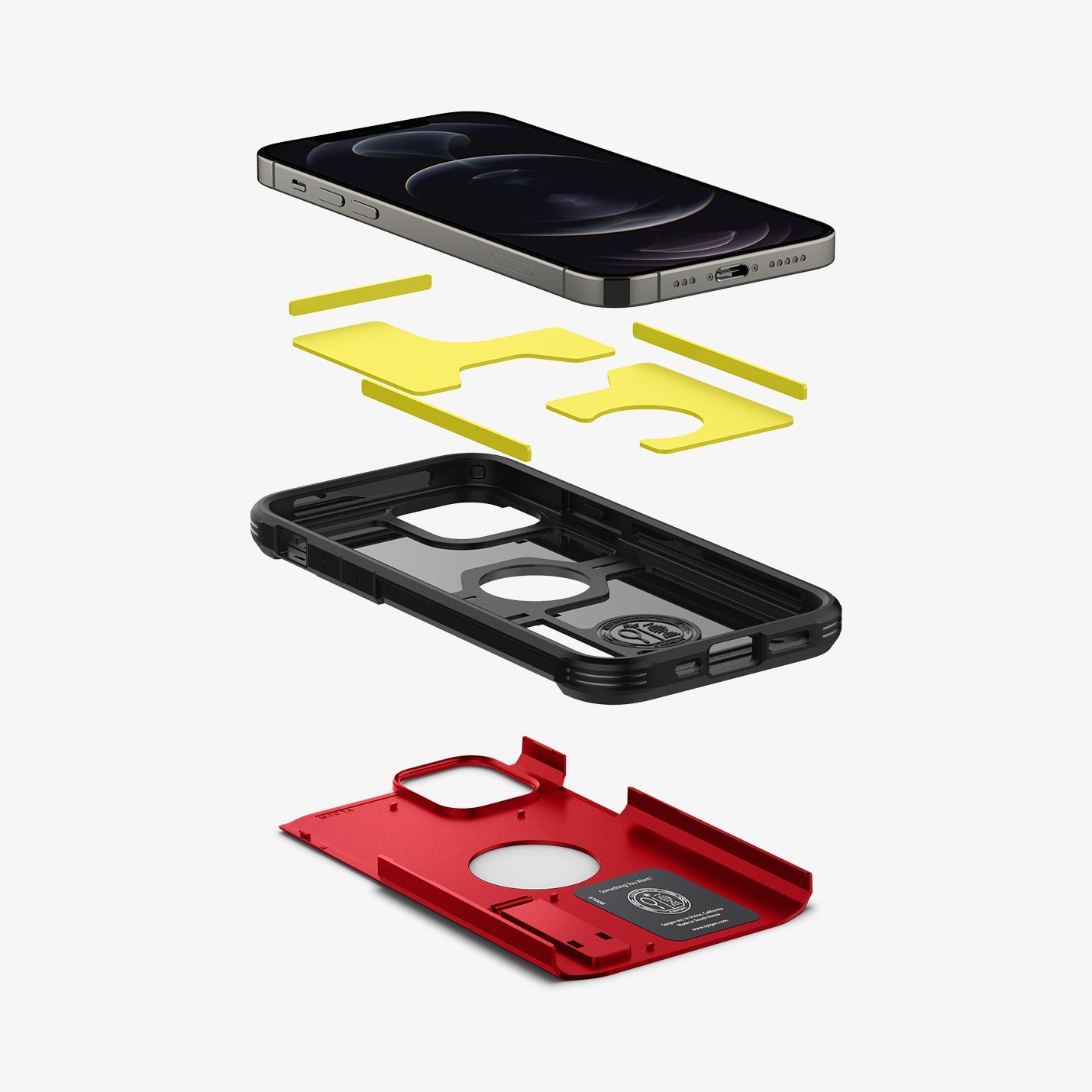 ACS02253 - iPhone 12 / iPhone 12 Pro Case Tough Armor in red showing the hard pc, soft tpu, impact foam and device