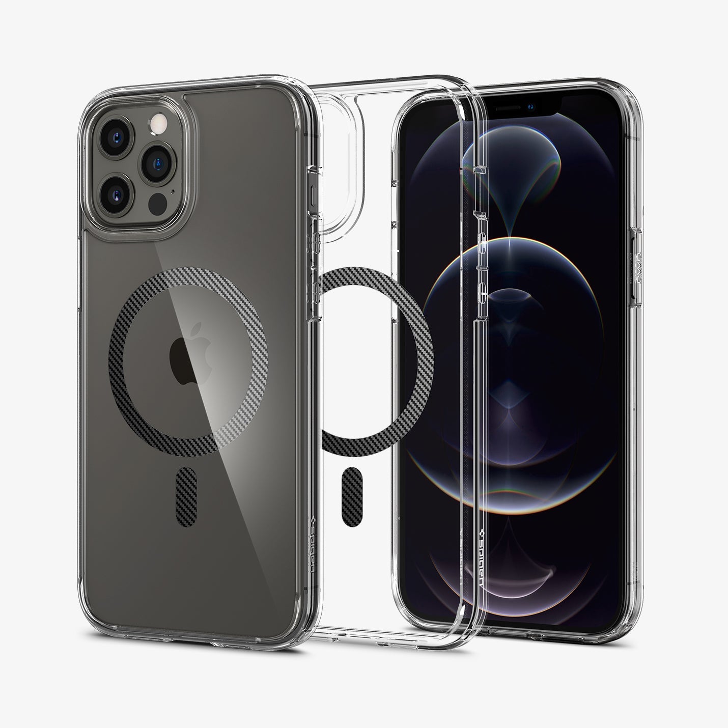 ACS04082 - iPhone 12 Pro Max Case Ultra Hybrid Mag (MagFit) in carbon fiber showing the back, inside and front