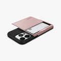 ACS03275 - iPhone 13 Pro Case Slim Armor CS in rose gold showing the back, side and top with card in slot