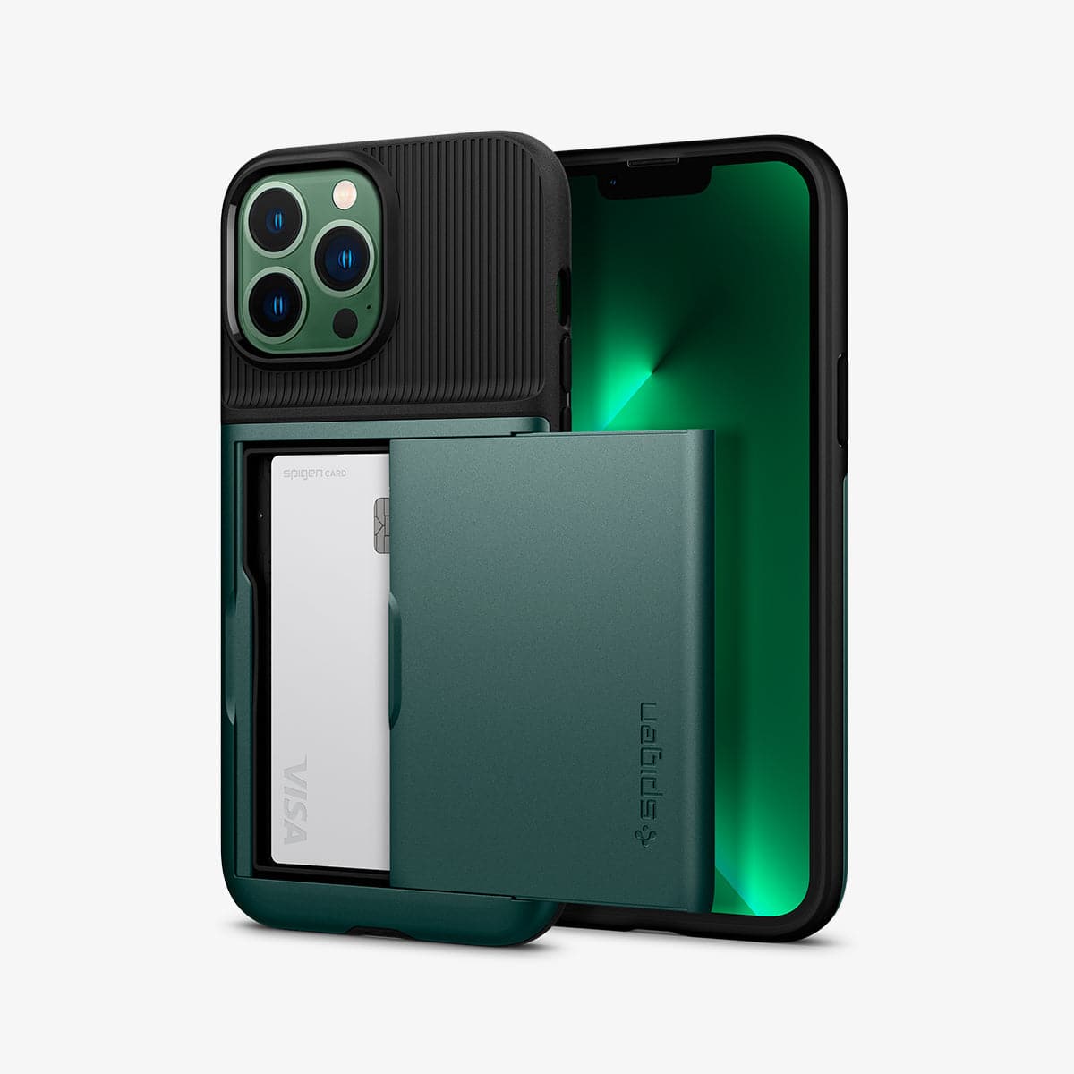 ACS04559 - iPhone 13 Pro Max Case Slim Armor CS in midnight green showing the back and front with card in slot