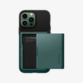 ACS04559 - iPhone 13 Pro Max Case Slim Armor CS in midnight green showing the back with card slot open