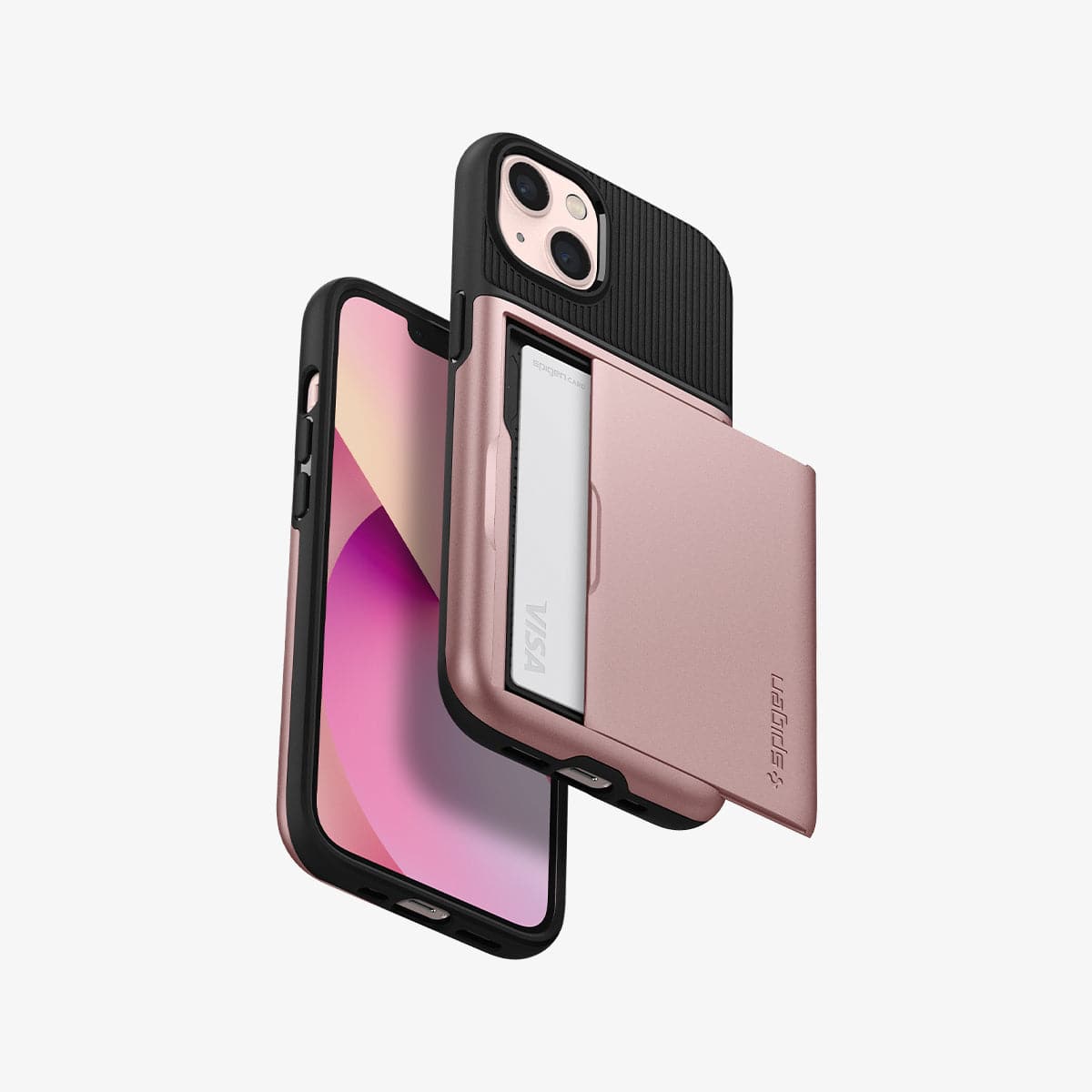 ACS03537 - iPhone 13 Case Slim Armor CS in rose gold showing the back, front and sides with card in slot