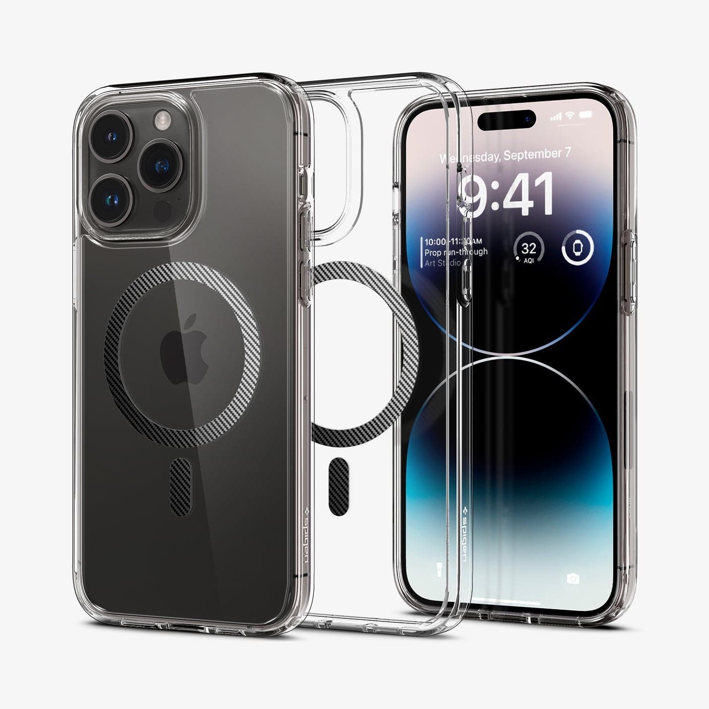 ACS04971 - iPhone 14 Pro Case Ultra Hybrid (MagFit) in carbon fiber showing the back, inside and front